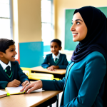 **

"A female teacher in a modest hijab and professional attire, interacting with elementary school students in a bright and colorful classroom, fully clothed, appropriate content, safe for work, perfect anatomy, natural proportions, family-friendly, educational setting."

**