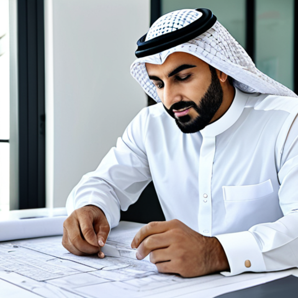 회복적 정의 실천의 평가 방법 - ** "A professional Arab architect in a modern, bright office, reviewing blueprints for a sustainabl...