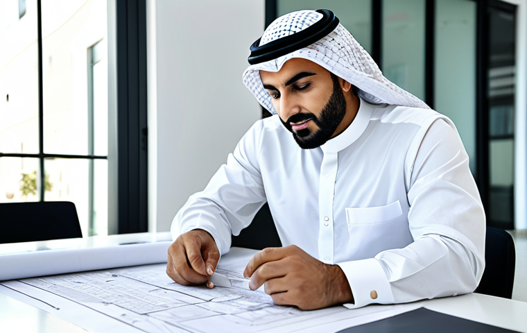 회복적 정의 실천의 평가 방법 - ** "A professional Arab architect in a modern, bright office, reviewing blueprints for a sustainabl...