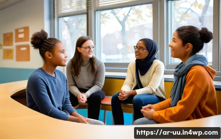 회복적 정의와 교육 현장의 변화 - **Prompt 1: A Restorative Justice Circle in a Modern Classroom** "A diverse group of 5-6 individ...