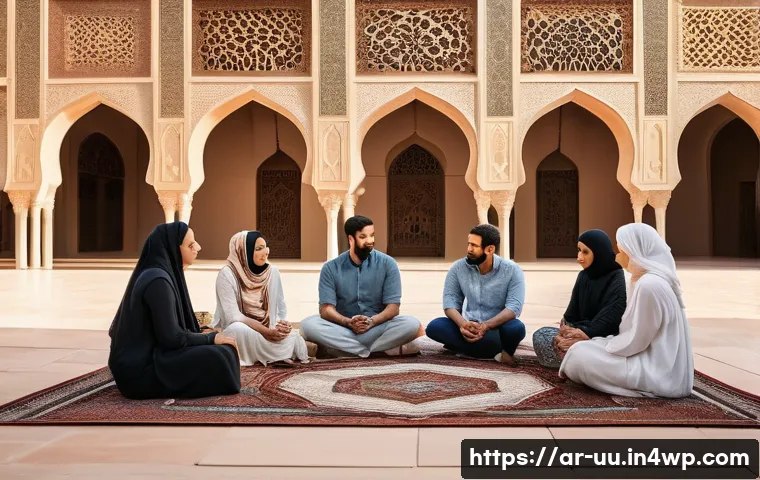 회복적 정의와 사회적 신뢰의 관계 - A diverse group of Middle Eastern adults engaged in a peaceful community dialogue circle outdoors, s...