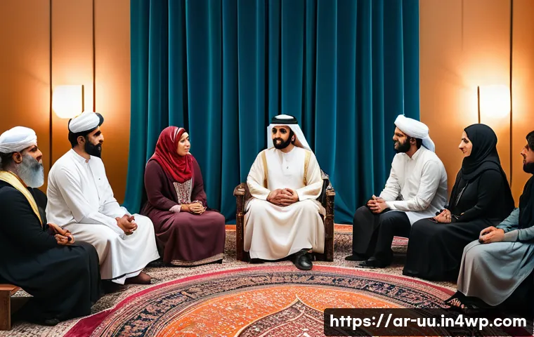 회복적 정의와 트라우마 회복의 연관성 - A diverse group of Middle Eastern adults, including men and women dressed in modest, culturally appr...