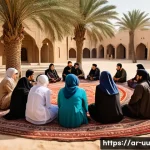 Home 21 회복적 정의 실천을 위한 연구 과제 - A peaceful community reconciliation meeting in a traditional Arab village setting, featuring diverse...
