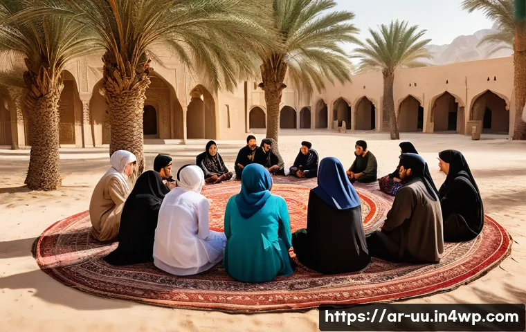 회복적 정의 실천을 위한 연구 과제 - A peaceful community reconciliation meeting in a traditional Arab village setting, featuring diverse...