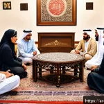 Home 20 회복적 정의의 철학적 기초 존중과 신뢰 - A diverse group of Arab community members sitting together in a traditional yet modern meeting space...