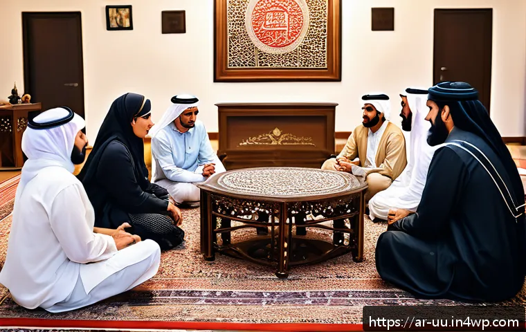 회복적 정의의 철학적 기초 존중과 신뢰 - A diverse group of Arab community members sitting together in a traditional yet modern meeting space...