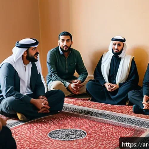 Home 31 회복적 정의 실천의 국제적 사례 분석 - A diverse group of Middle Eastern men and women sitting in a traditional community hall, engaged in ...