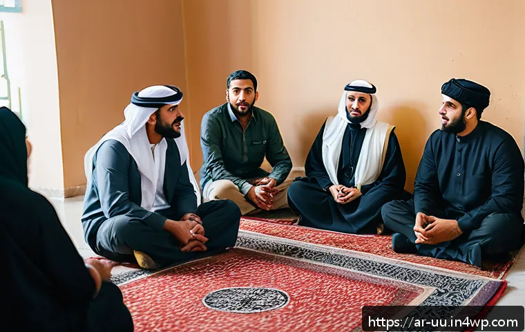 회복적 정의 실천의 국제적 사례 분석 - A diverse group of Middle Eastern men and women sitting in a traditional community hall, engaged in ...