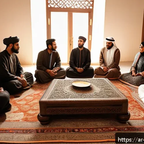 Home 17 회복적 정의 실천을 통한 개인적 변화 - A warm and inviting scene depicting a diverse group of Arabic-speaking adults engaged in a peaceful ...