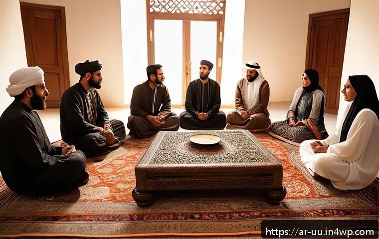 회복적 정의 실천을 통한 개인적 변화 - A warm and inviting scene depicting a diverse group of Arabic-speaking adults engaged in a peaceful ...