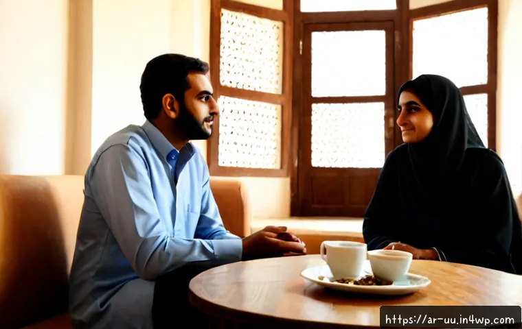 회복적 정의와 감정 지능의 관계 - Photorealistic restorative justice circle in a warm Middle Eastern community center, two adult Arab ...