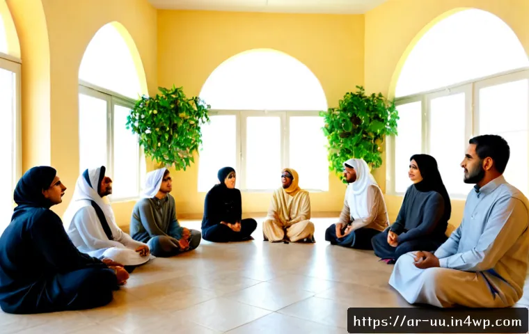 회복적 정의와 공동체 발전의 상관관계 - Photorealistic restorative justice circle in a bright community center in an Arab neighborhood, dive...